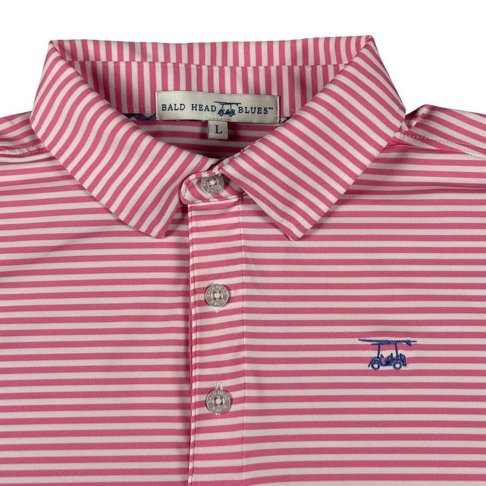 Bald Head Blues Mens Polo Shirt L Pink White Striped Golf Performance Stretch